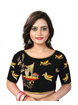 Womens Banglori Silk Heavy Embroidery Work Stitched Ready made Black saree blouse Crop Top