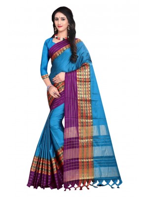 Blue Casual Wear Sari New Fashion Designer Printed Polyster Silk Saree Free Blouse