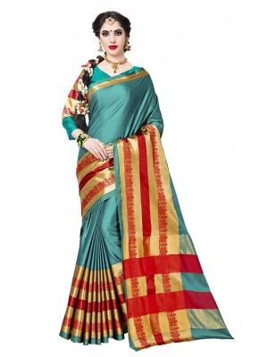 Turquoise Polyester Dobby Silk Saree Designer Ethnic Wear Sari Blouse