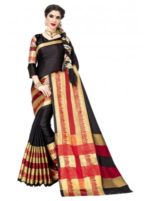 Black Polyester Dobby Silk Saree Designer Ethnic Wear Sari Blouse