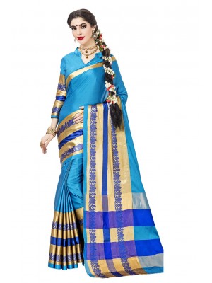 Blue Polyester Dobby Silk Saree Designer Ethnic Wear Sari Blouse