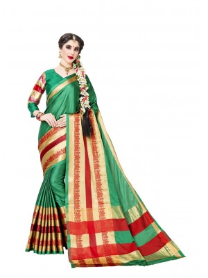 Green Polyester Dobby Silk Saree Designer Ethnic Wear Sari Blouse