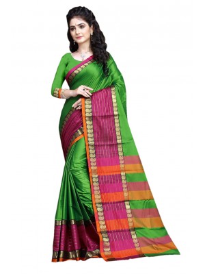 Crazy Bachat Casual Wear Sari New Fashion Designer Green Multi Printed Polyster Silk Saree Free Blouse