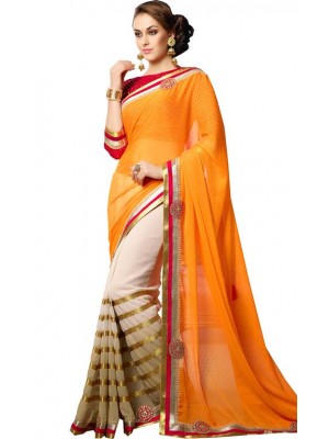 Indian Ethnic Bollywood Designer Orange and White Chiffon Wedding/Party Wear Saree Free Blouse