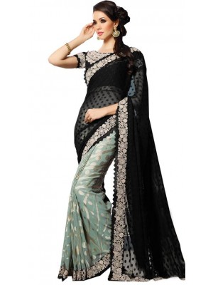 Indian Ethnic Bollywood Designer Black and Grey Brasso and Chiffon Wedding/Party Wear Saree Free Blouse
