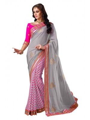 Indian Ethnic Bollywood Designer Grey Chiffon Wedding/Party Wear Saree Free Blouse