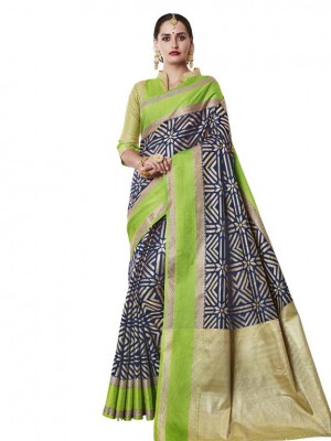 Indian New Fashion Ethnic Designer  Blue Color Banarasi Silk Saree With Free Blouse
