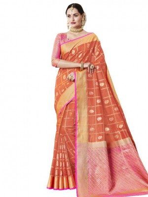 Indian New Fashion Ethnic Designer  Orange Color Banarasi Silk Saree With Free Blouse