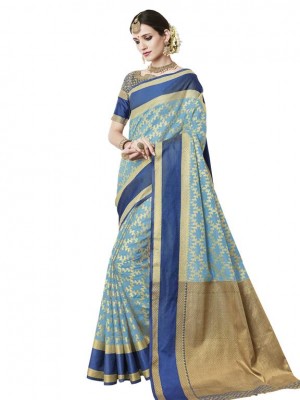 Indian New Fashion Ethnic Blue Color Designer Banarasi Silk Saree With Free Blouse