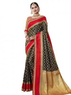 Indian New Fashion Ethnic Designer  Black Color Banarasi Silk Saree With Free Blouse