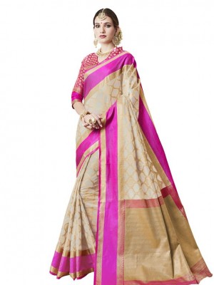 Indian New Fashion Ethnic Designer Beige Color Banarasi Silk Saree With Free Blouse