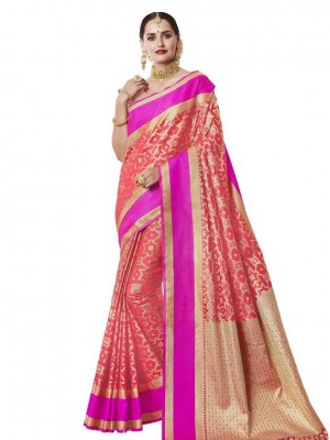 Indian New Fashion Ethnic Designer Red Color Banarasi Silk Saree With Free Blouse