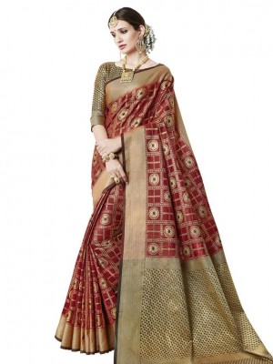 Indian New Fashion Ethnic Designer Maroon Color Banarasi Silk Saree With Free Blouse