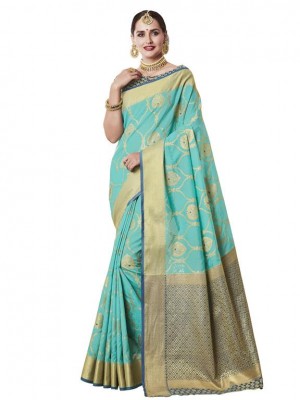 Indian New Fashion Ethnic Designer  Banarasi Silk Saree With Free Blouse Blue Color