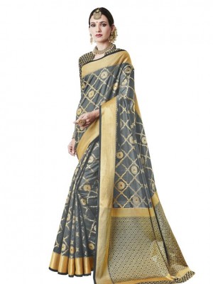Indian New Fashion Ethnic Designer Gray Color Banarasi Silk Saree With Free Blouse