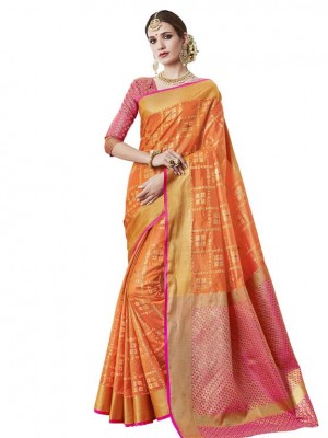 Indian New Fashion Ethnic Orange Color Designer Banarasi Silk Saree With Free Blouse