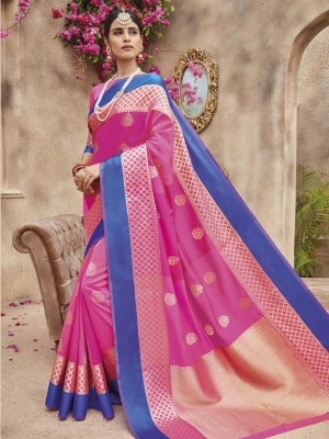 Indian Latest Designer Banarasi Silk Festive Wear Saree In Multi Color With Free Blouse