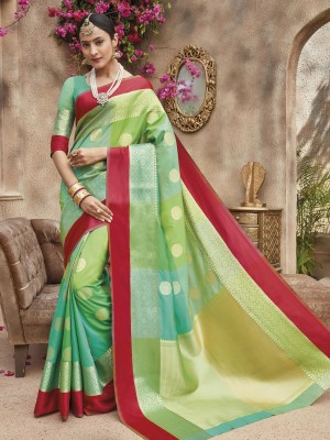 Indian Latest Designer Banarasi Silk Festive Wear Saree In Multi Color With Free Blouse