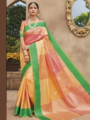 Indian Latest Designer Banarasi Silk Festive Wear Saree In Multi Color With Free Blouse
