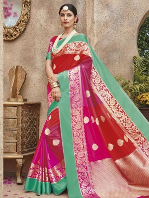 Indian Latest Designer Banarasi Silk Festive Wear Saree In Multi Color With Free Blouse