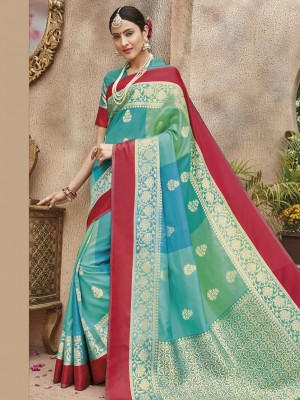 Indian Latest Designer Banarasi Silk Festive Wear Saree In Multi Color With Free Blouse