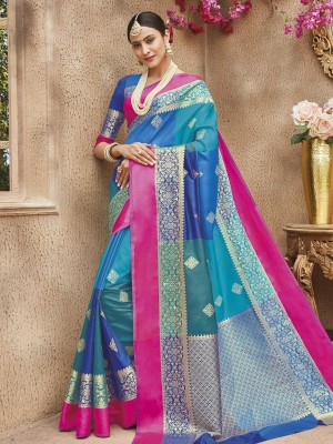 Indian Latest Designer Banarasi Silk Festive Wear Saree In Multi Color With Free Blouse