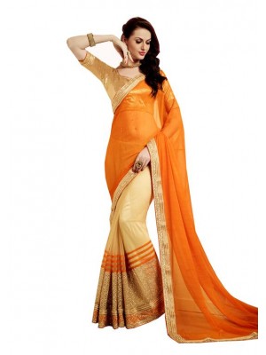 Indian Ethnic Designer Orange Chiffon Wedding Wear Saree Free Blouse