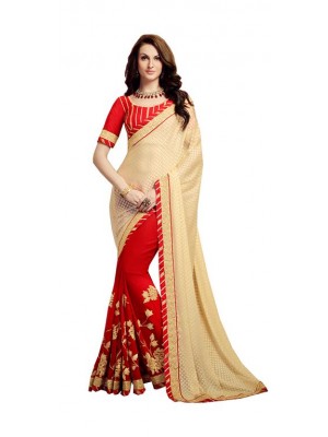 Indian Ethnic Designer Beige and Red Georgette Wedding Wear Saree Free Blouse