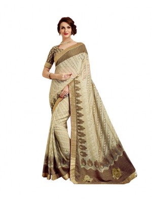 Indian Ethnic Bollywood Designer Beige and Grey Banarasi Brasso Wedding/Party Wear Saree Free Blouse