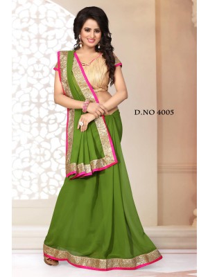 Indian Latest Designer Georgette Fabric Mehndi Green Color Saree With Free Fancy Blouse