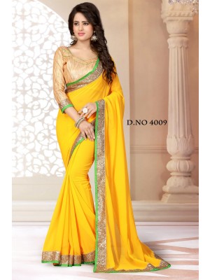 Indian Latest Designer Georgette Fabric Yellow Color Saree With Free Fancy Blouse