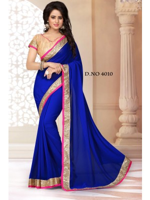 Indian Latest Designer Georgette Fabric Royal Blue Color Saree With Free Fancy Blouse