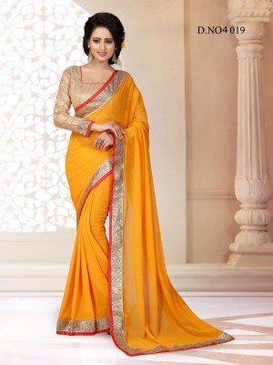 Indian Latest Designer Georgette Fabric Musturd Color Saree With Free Fancy Blouse