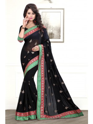 New Indian Ehtnic Designer Chiffon Fabric Black Color Saree With Free Blouse