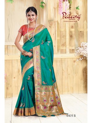 Indian Latest Designer Two Tone Silk Festive Wear Saree In Rama Green Color With Free Blouse