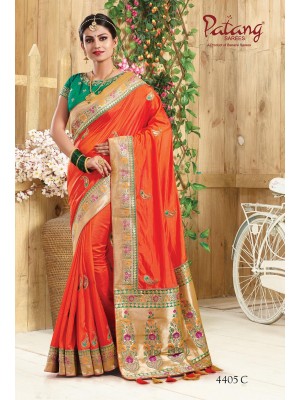 Indian Latest Designer Two Tone Silk Festive Wear Saree In Orange Color With Free Blouse