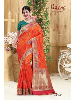 Indian Latest Designer Two Tone Silk Festive Wear Saree In Color Orange With Free Blouse