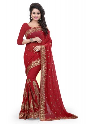 Indian Ethnic Saree Blouse Designer Women Red Georgette Sari With Free Blouse
