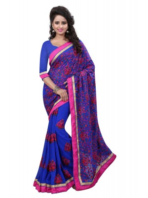 Indian Ethnic Saree Blouse Designer Women Blue Georgette Sari With Free Blouse