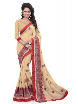Indian Ethnic Saree Blouse Designer Women Beige Georgette Sari With Free Blouse