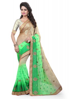 Indian Ethnic Saree Blouse Designer Women Beige Green Chiffon Sari With Free Blouse
