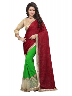 Indian Ethnic Saree Blouse Designer Women Red Green Velvet Georgette Sari With Free Blouse