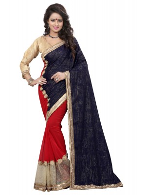 Indian Ethnic Saree Blouse Designer Women Blue Red Velvet Georgette Sari With Free Blouse