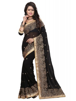 Indian Ethnic Saree Blouse Designer Women Black Georgette Sari With Free Blouse