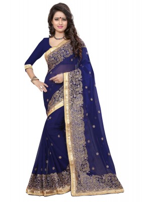 Indian Ethnic Saree Blouse Designer Women Navy Blue Green Georgette Sari With Free Blouse