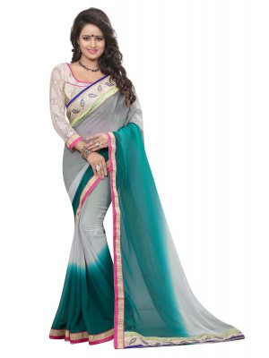 Indian Ethnic Saree Blouse Designer Women Gray Green Georgette Sari With Free Blouse
