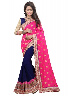 Indian Ethnic Saree Blouse Designer Women Pink Blue Georgette Sari With Free Blouse