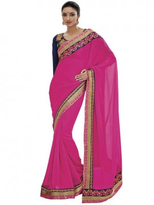 Indian Bollywood Designer Ethnic Magenta Colored Georgette Wedding/Party Wear Saree Free Blouse