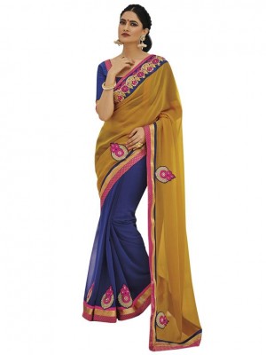 Indian Bollywood Designer Ethnic Yellow Colored Georgette Wedding/Party Wear Saree Free Blouse