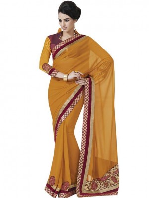 Indian Bollywood Yellow Colored Designer Ethnic Georgette Wedding/Party Wear Saree Free Blouse